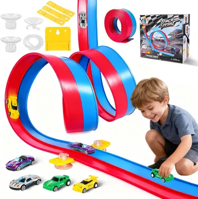 Produktbild von Autorennbahn, 4.6m Auto Rennbahn für Kinder, Geschwindigkeitsstrecke, mit 4 Spielzeugautos, Flexible Rennbahn für 1/64th Autos Spielzeug, Geschenke