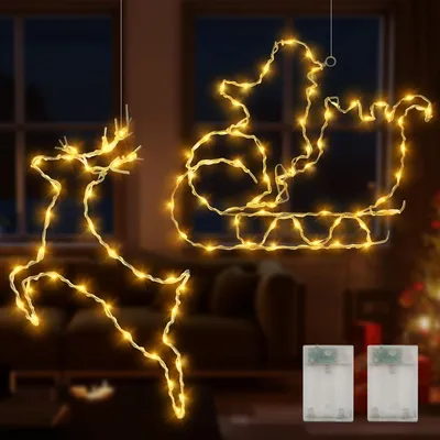 Productafbeelding van Kerstverlichting voor ramen - Set van 2 - LED-kerstdecoratie - LED-rendier met slee - Raamdecoratie - Verlichting
