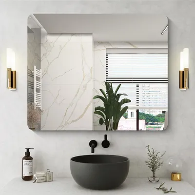 Productafbeelding van Spiegel voor aan de muur, zonder lijst, 90x75 cm, met afgeronde hoeken, rechthoekig, geschikt voor badkamer, slaapkamer of woonkamer, horizontaal of verticaal te monteren