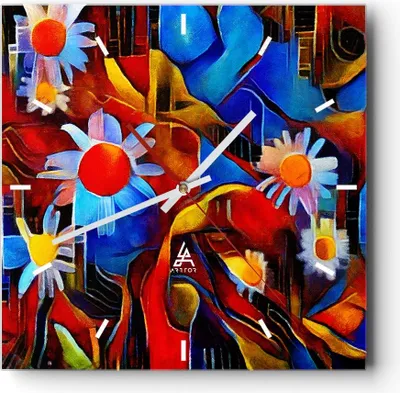 Produktbild von Wanduhr - Quadrat - Glasuhr - Blume Abstraktion - 30x30cm - Schleichendes Uhrwerk - Lautlos - zum Aufhängen bereit - Dekoration Modern - Wanddekoration aus Glas - C3AC30x30-3466