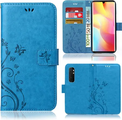 A collage of images showing a blue flip phone case with a floral and butterfly design.