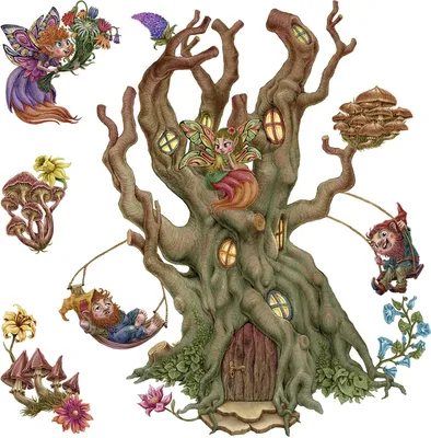 Produktbild von Wandaufkleber Kinderzimmer – Wandsticker für Baby & Kinder – Selbstklebende Wanddekoration – Abnehmbar ohne Rückstände – Deko für Mädchen & Jungen - Baumhaus mit magischen Waldtieren130x209 cm