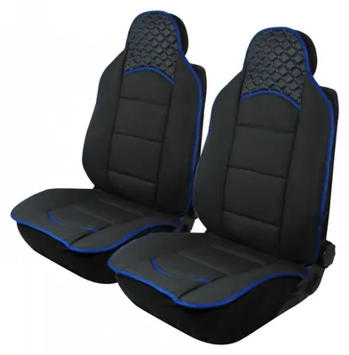 Produktbild von 1+1-Set universelle Sitzbezüge mit Massagefunktion für Vordersitze – schwarz mit blauer Naht – Kunstleder und Textil