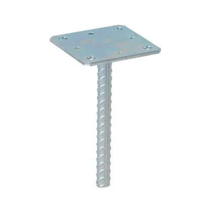A single metal post anchor with a square plate on top and a ribbed post extending downwards, isolated on a white background.