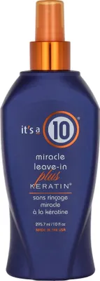 Produktbild von It's a 10 Miracle Leave-In plus Keratin, Unisex, Nicht-professionelle Haarspülung, Sprödes Haar, Gefärbtes Haar, beschädigtes Haar, trockenes Haar, Anti-Frizz, Farbschutz, Entwirren, Feuchtigkeitsspendend, Revitalisierend, Glanz, Glättend,..., 284 ml, Spray
