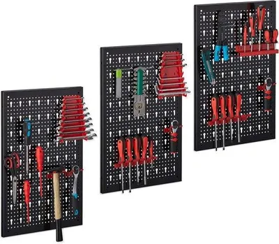 Productafbeelding van Famanu gereedschapswand, 3-delig - met een set van 17 haken - gereedschapspanel, afmetingen (hoogte x breedte) 60x39 cm per paneel - metaal - zwart-rood
