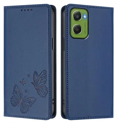 Produktbild von Lederhülle für Motorola Moto G06, Schmetterling Prägung Leder Brieftasche Schutzhülle mit Ständer Dunkelblau