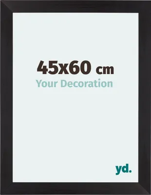 A black picture frame with text overlay indicating size and a logo.