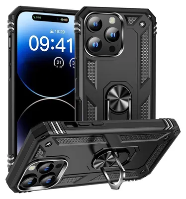 A black protective phone case with a ring stand is shown from multiple angles, with a phone screen visible in the background.