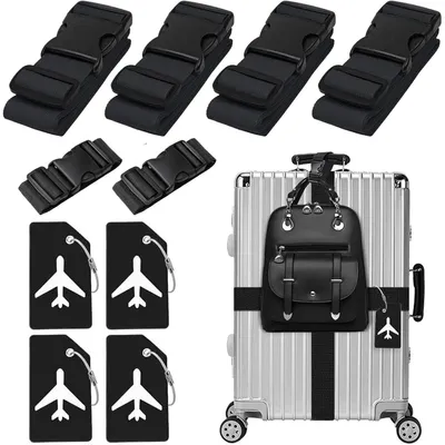 Produktbild von Koffergurt & Kofferanhänger Set 4x Koffergurt, 4x Kofferanhänger, 2x Gepäckverbindungsgurt Schwarz