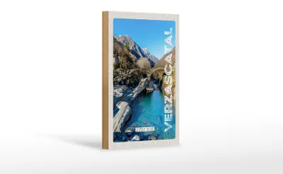 Produktbild von Holzschild Reise 12x18 cm Verzascatal Brücke Gebirge Fluss Natur