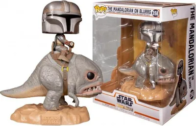 A Funko Pop! vinyl figure of The Mandalorian on a Blurrg, shown both out of its packaging and inside its original box.