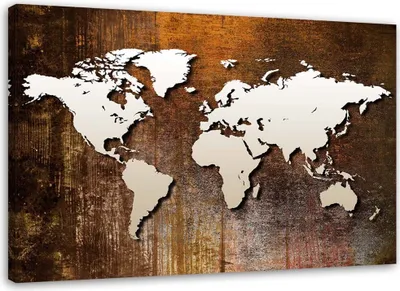Obrázek produktu pro Obraz na plátně mapa světa na dřevě 120x80 cm Feeby hnědá nástěnná malba připravená k zavěšení