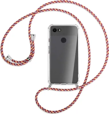 Produktbild von Handykette Backcover-Schutzhülle mit Band (Metall silberfarben) für Google Pixel 3 - weinrot/gelb/grau