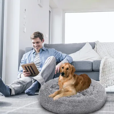 Productafbeelding van Fiqops Hondenbed, Hondenbedden, DIEREN, Zacht kattenbed, Slaapplek, Hondenkussen, Pluche, lichtgrijs, 60 cm