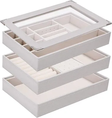 Produktbild von 3-Ply Schmuck Organizer Tablett mit transparentem Deckel, Stapelbare Schmuck-Display-Tablet für Tablett, große Schmuck-Box für Dressor - L