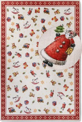 A close-up of a Christmas-themed rug with various toys and Santa Claus.