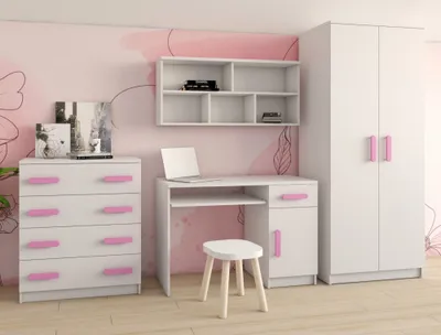 Obrázok produktu pre Kinderzimmer-Set Schrank Wandregal Kommode Schreibtisch rosane Griffe Jonas I 02 (Weiß/Weiß)