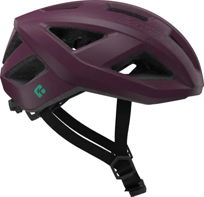 A purple bicycle helmet with teal accents, shown from a side-angle.