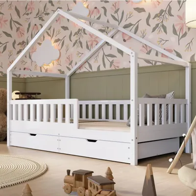 Produktbild von Crazy Pine Hausbett mit Schubladen 200x100 cm – Kinderbett aus Naturholz in Weiß – Bodenbett mit Stauraum und Abnehmbarer Barriere - Crazy House