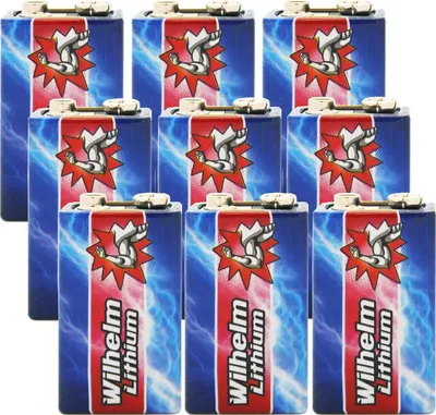 A grid of nine 9V batteries with a blue and white lightning bolt design and a red stripe featuring a flexing arm graphic.