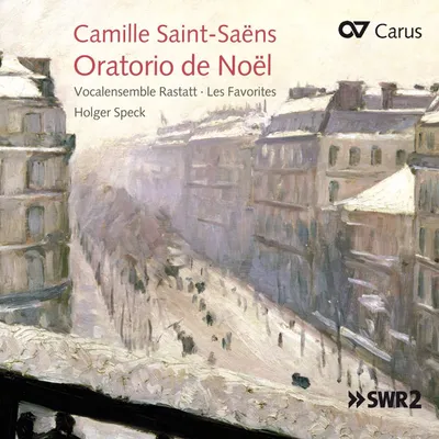 An impressionistic painting of a snowy street scene in a European city, with buildings lining the street and small figures walking. Text overlays identify the musical work and performers.