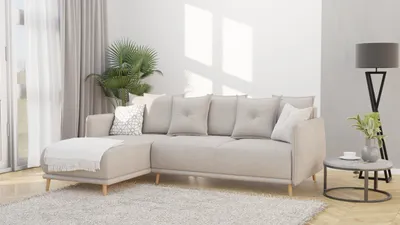 Produktbild von S-STYLE MÖBEL - Radiant - Ecksofa mit Schlaffunktion und Bettkasten in scandinavischem Design mit Holzfüßen aus Beige Luxusmicrofaser - Ottomane links