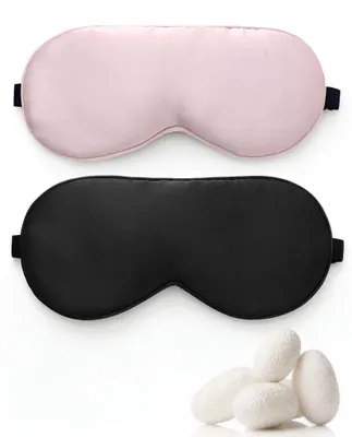 Image de Lot de 2 masques de sommeil en soie, 100 % soie véritable, masque avec sangles réglables, masque de sommeil doux (noir + rose)