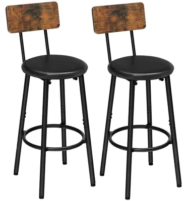 Produktbild von Barhocker 2er-Set mit Rückenlehne, Kunstlederpolsterung, Fußstütze, Vintagebraun und Schwarz