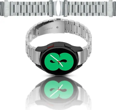 A silver watch band is shown attached to a smartwatch with a green watch face. The watch band is also shown separately above the watch.