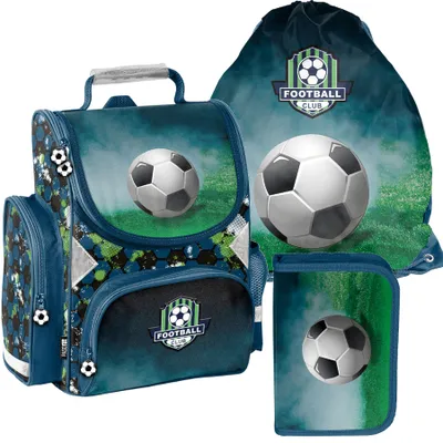 Immagine prodotto di Zaino scolastico per bambine e bambini con motivo CALCIO, set da 3 pezzi: zaino, astuccio e borsa – Mega-Set Paso