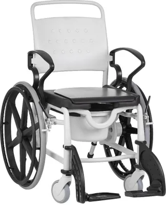 Produktbild von FabaCare Dusch- Toilettenrollstuhl Miami, 24 Zoll Räder, bis 150 kg, Germany, Premium Toilettenstuhl, Duschstuhl fahrbar, Rollstuhl mit WC Eimer, Grau-Schwarz