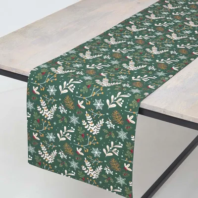 Image de HOMESCAPES Chemin de table de Noël Forêt de Noël, 100 % coton, vert, 35 x 250 cm