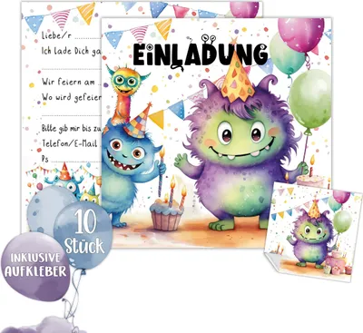 Monster Einladung Kindergeburtstag Junge & Mädchen | XXL Monster Einladungskarten Geburtstag 15 x 15 cm | 10er Set mit Stickern | Geburtstagseinladungen