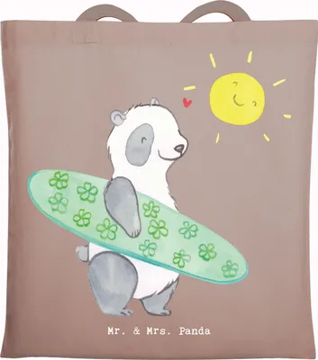 Produktbild von Mr. & Mrs. Panda canvas tasche Panda Surfen - Braun Pastell - Geschenk, Wellenreiten, Jutebeutel, Shopping, festivaltasche, Tragetasche, Surfschule, Tote Bag