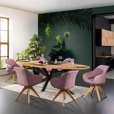 Produktbild von Esszimmer Tischgruppe Esstisch mit Massivholz Tischplatte TARRAS-123 inkl. 6 Stühle in rosa