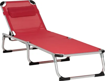 Produktbild von Sonnenliege faltbar Gartenliege mit Kopfkissen Liegestuhl mit der 4-stufig verstellbaren Rückenlehne Campingliege bis 120 kg belastbar für Outdoor-Park, Garten, Rot