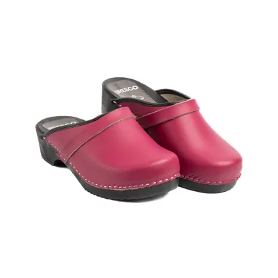 Produktbild von Damen-Holzclogs aus Echtleder in Himbeerrosa mit Riemen – Bequeme Holzpantoletten mit niedrigem Absatz 39