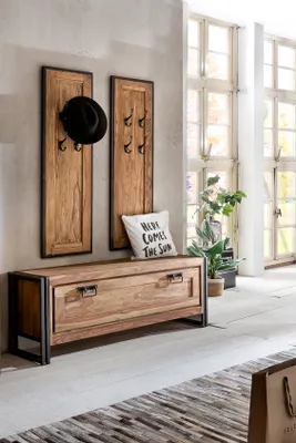 Produktbild von SIT Möbel Dielen-Set 3-tlg. | 1 Schuhschrank, 2 Garderobenpaneele | Akazie + Altmetall | natur mit antikschwarz | B 130 x T 40 x H 50 cm | 18000-41 | Serie PANAMA