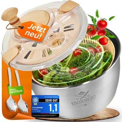Salatschleuder Edelstahl 5L Beige mit Frischhaltedeckel