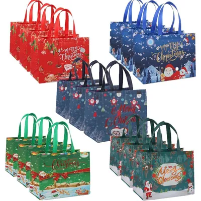 Immagine prodotto di Sacchetti regalo natalizi, confezione da 15 pezzi, riutilizzabili, in tessuto non tessuto, pieghevoli, impermeabili, multicolore, dimensioni 32,5 x 25 x 17 cm