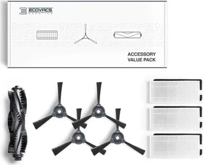 A set of robot vacuum cleaner accessories, including brushes and filters, displayed on a white background.