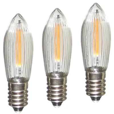 Produktbild von Erzgebirgslicht - AUSWAHL - 3 Stück LED Filament Topkerze 14-55 V 0,1 W für INNEN, für 4-16 Brennstellen E10 Riffelkerze Ersatzbirne Glühbirne Glühlämpchen für Lichterketten Pyramide Schwibbogen
