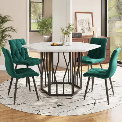 A dining set with a hexagonal table and four chairs in a dining room setting.
