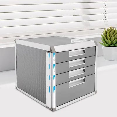 Obrázek produktu pro Skříňka na dokumenty formátu A4 – organizér na dokumenty na stůl – 4 uzamykatelné zásuvky s klíči – 31,5 × 35 × 29,8 cm – hliník/plast/MDF – šedá/stříbrná