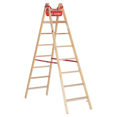 Produktbild von Euroline Holz Sprossenstehleiter mit Comfort-Breitsprossen, Eimerhaken und Werkzeugablagetasche 2x8 Sprossen