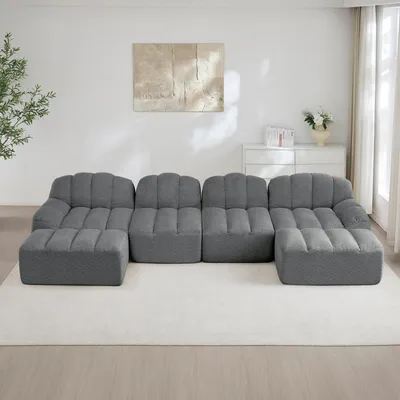 Produktbild von STILVORA 4-Sitzer U-förmiges Modulares Sofa mit 2 Ottomans in Muschelform, Boneless Sofa aus 32D Hochdichtschaum mit tiefer Sitzfläche, Wohnzimmer Sofa ideal für Wohnzimmer