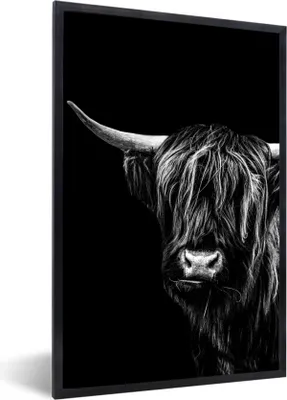 Produktbild von MuchoWow® Gerahmtes Poster Schottischer Highlander auf schwarzem Hintergrund - schwarz und weiß 60x90 cm - Poster mit Schwarzem Bilderrahmen Wandposter Rahmen Foto Bilder - Kunst