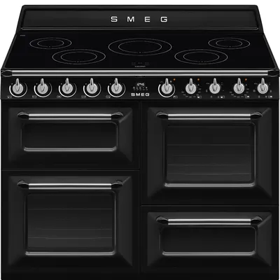 Productafbeelding van Smeg TR4110IBL2, vrijstaand fornuis, zwart, bediening met knoppen, roestvrij staal, voorplaat van roestvrij staal