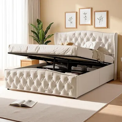 Produktbild von Doppelbett 140x200, Boxspringbett mit Bettkasten, Polsterbett mit Lattenrost und Stauraum, Jugendbett Hydraulisch Stauraumbetten Bettgestell, Beige, Samtstoff, Ohne Matratze